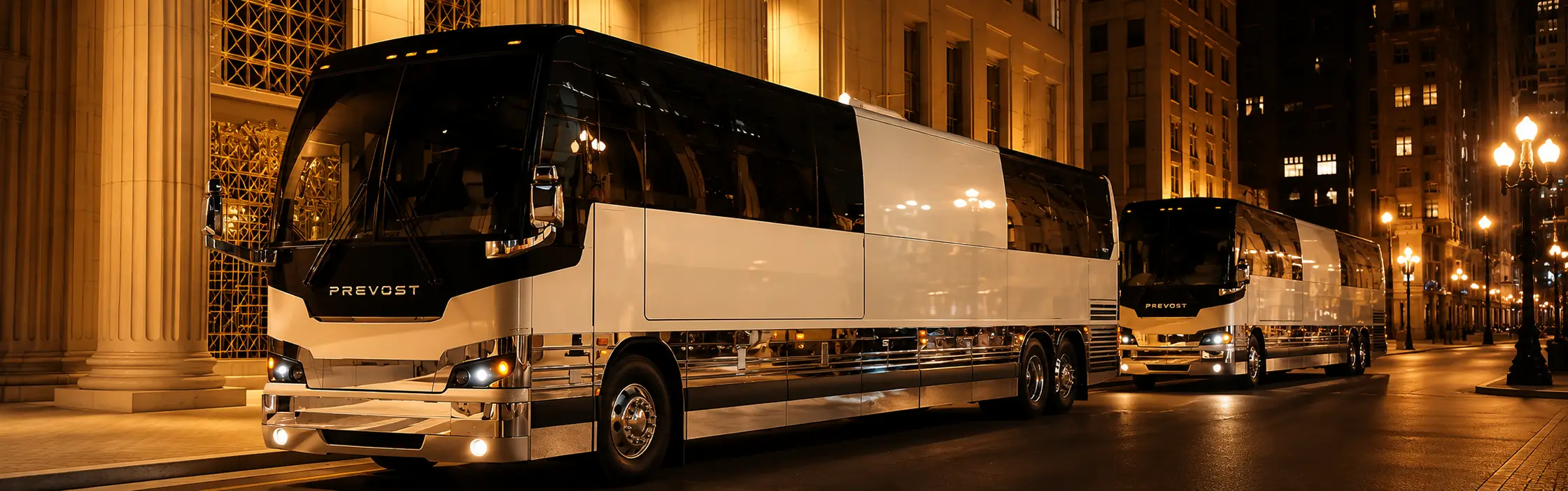 Two white tour buses parked along a lit city street at night, reflecting golden streetlights on their polished exteriors.