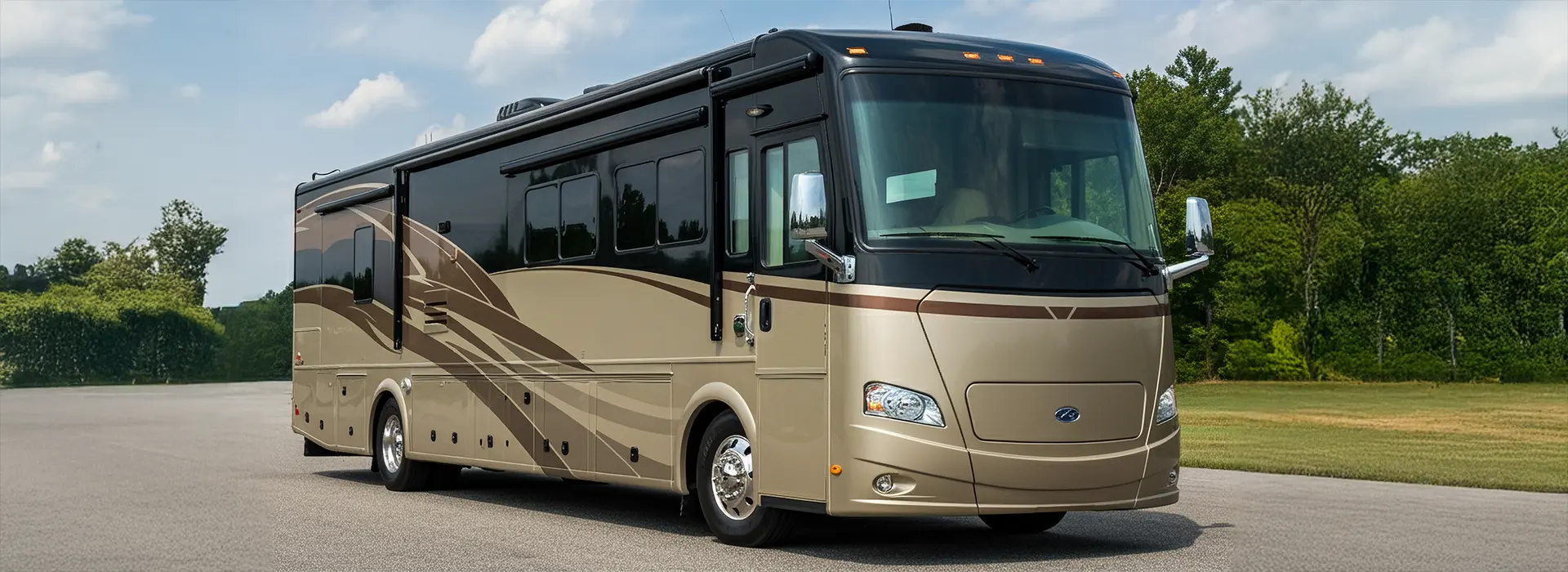 Beige luxury motorhome with brown decorative stripes parked on a paved area, trees in the background