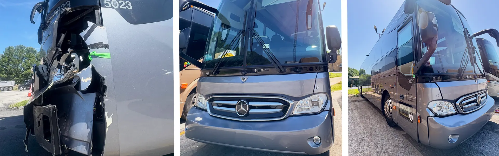 Three-panel image of a grey coach bus: left shows severe front-left damage, middle is the front view with Mercedes emblem, right shows the bus's side profile.