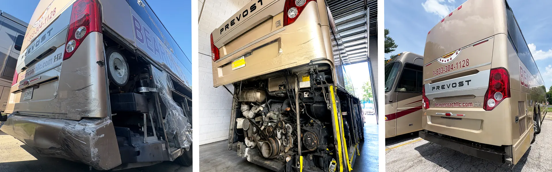 Rear-left side of a beige Prevost bus shows heavy rear bumper damage, exposed interior and plastic wrap, parked outdoors during maintenance.