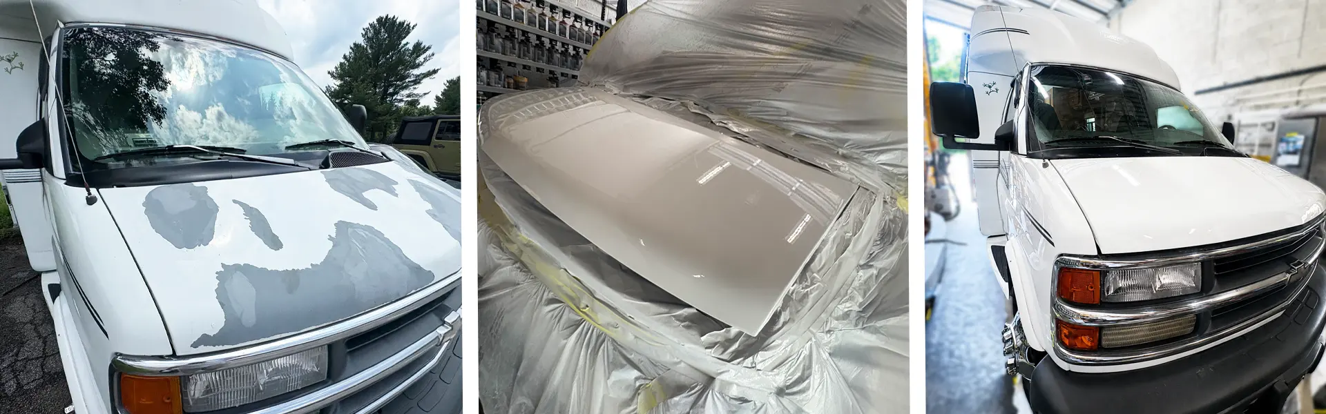 eyrehd-rv-autobody-before-after Collage of three vehicle images: a white van with peeling paint on the hood, a glossy car hood masked for painting, and a white van being serviced indoors.
