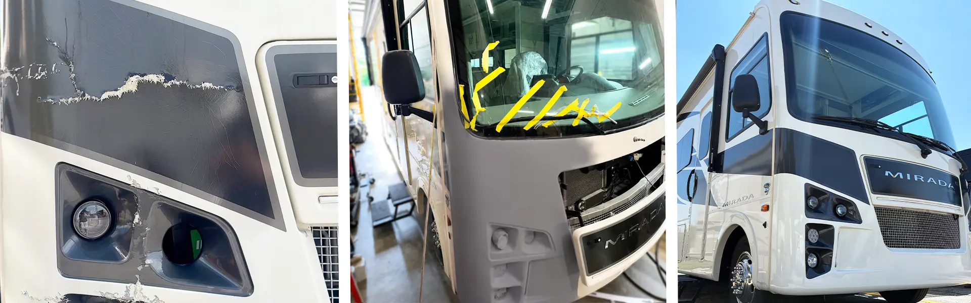 eyrehd-rv-autobody-before-afterv2 Triptych of white buses: left shows cracked windshield and body damage, middle in a shop with yellow markings on the windshield and exposed front, right a pristine Mirada coach under bright light.