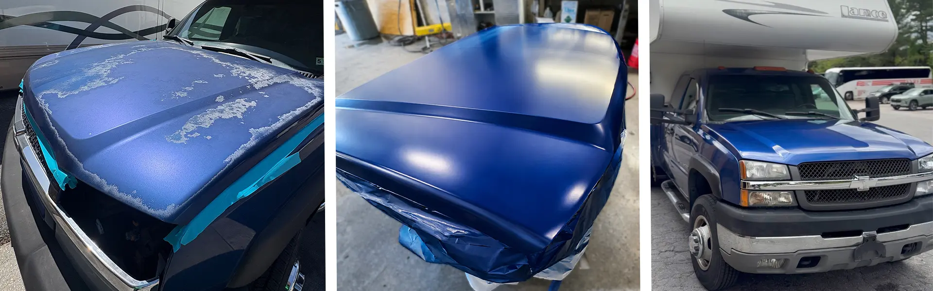 Blue vehicle hood with peeling paint and blue painter's tape masking around edges in a repair setting